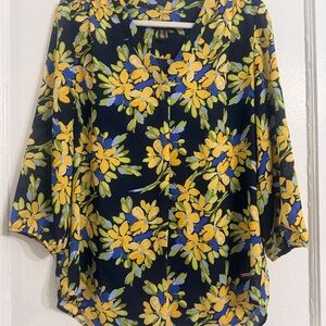 Jones New York Blue and Yellow 3/4 Sleeve Boxy Blouse
